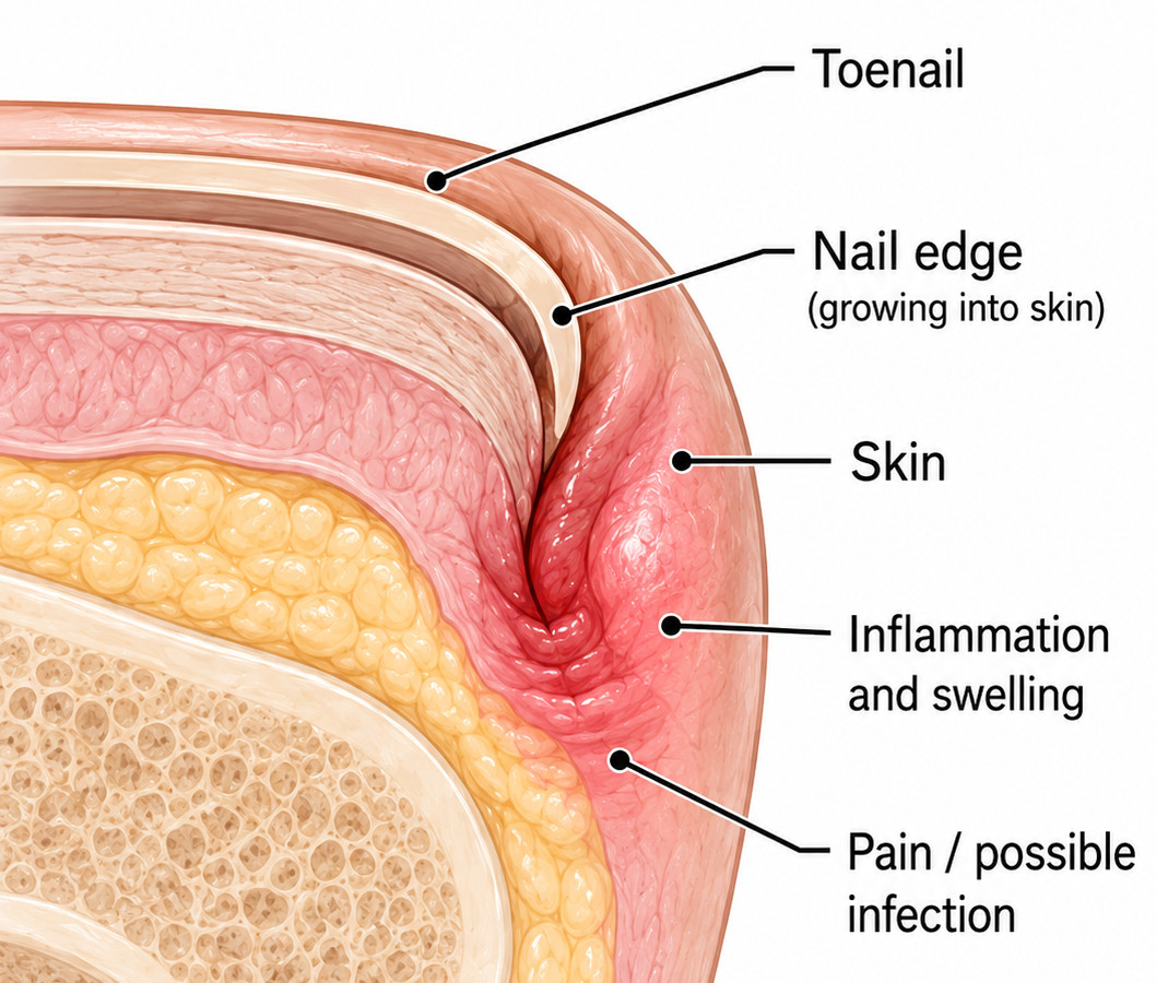 Medical diagram showing an ingrown toenail cross-section with the nail edge growing into the skin and causing inflammation, swelling, and pain. | Chesapeak Foot and Ankle Institute | Podiatrist in Vienna, VA